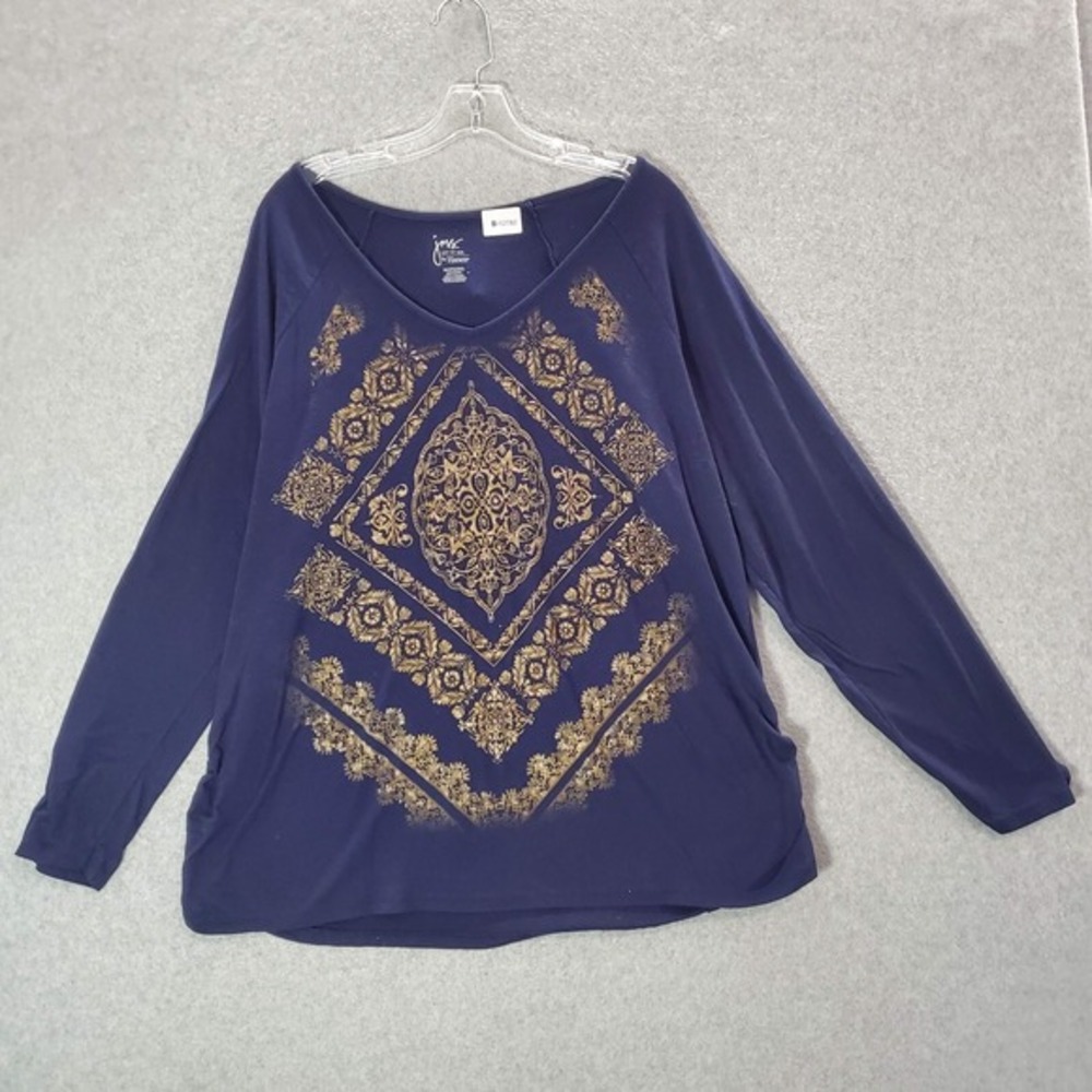 Just My Size Women Top 3X Blue Shirt JMS Gold Madella Geometric Gold V Neck Tee
